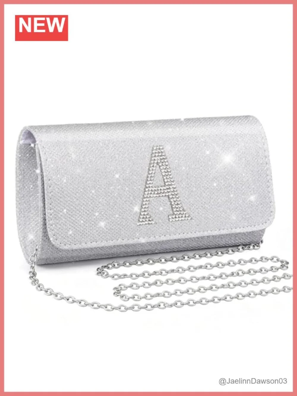 Personalized Women's Silver Glitter Clutch Purse with Chain Strap for Formal